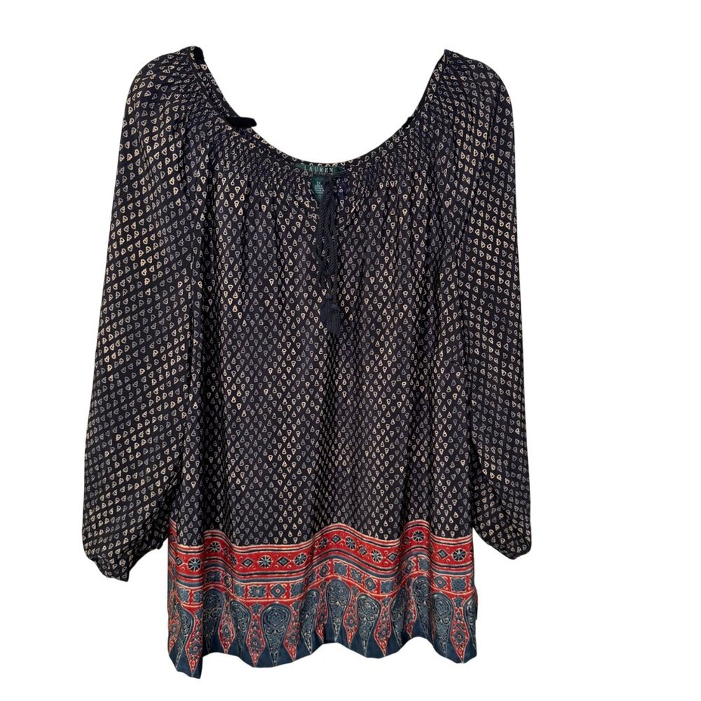 Lauren Ralph Lauren Women’s Peasant Blouse Tunic Top Size 2X Navy Blue Boho